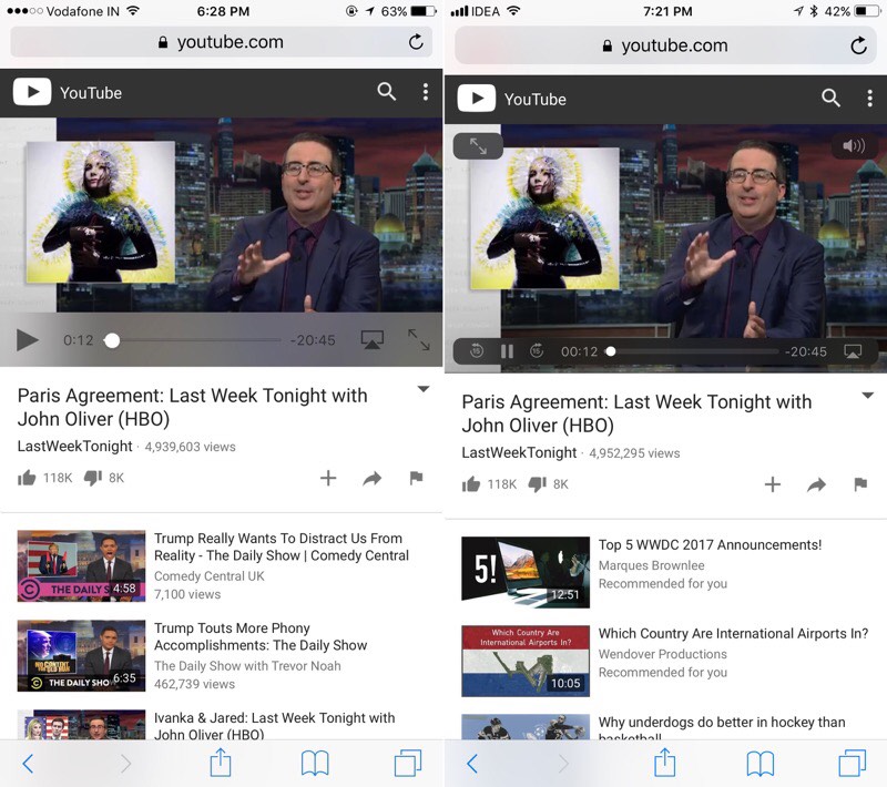 iOS 10 vs iOS 11 video player youtube 
