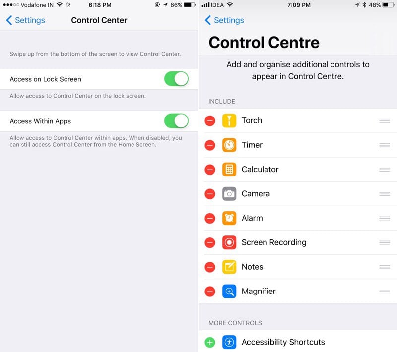 iOS 10 vs iOS 11 Settings Control Center 
