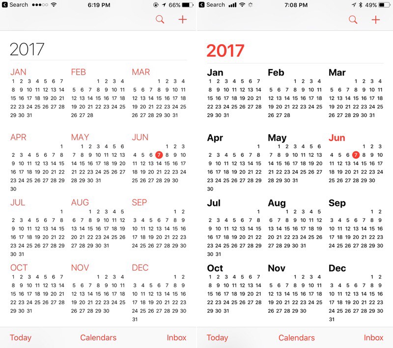 iOS 10 vs iOS 11 Calendar 