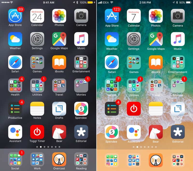 iOS 10 vs iOS 11 home screen 