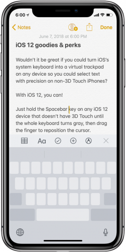 IOS 12 contains trackpad mode for iPhone no technology 3D Touch