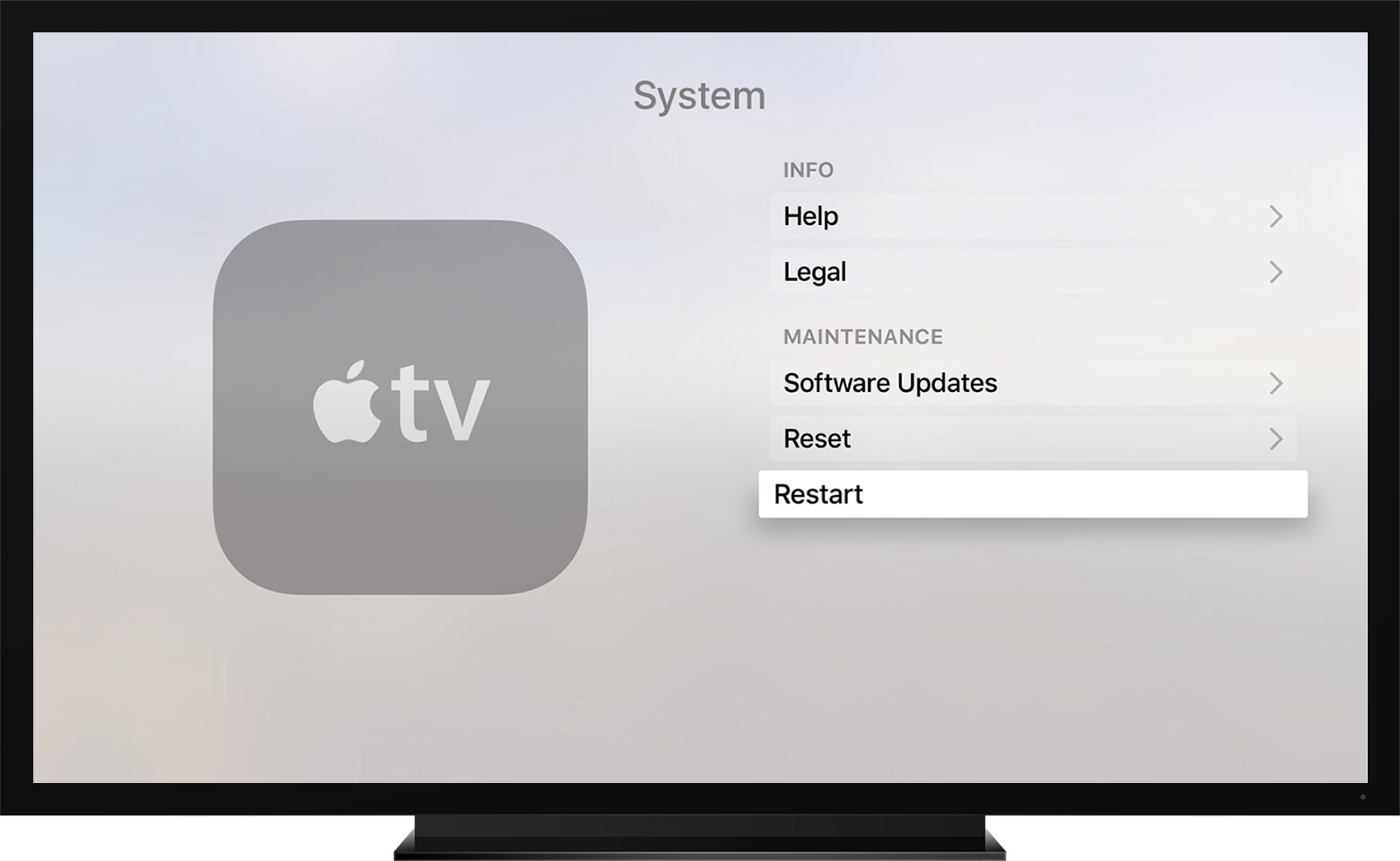 Apple TV fourth generation Settings Restart screenshot 001 